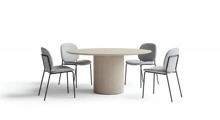 Minimalist round dining table with four modern chairs in bright, neutral studio setting. Concept for interior design, home furnishings display and furniture showroom marketing