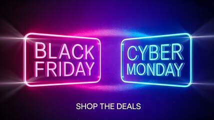 Neon glowing black friday and cyber monday sale signs with shop the deals text on dark background
