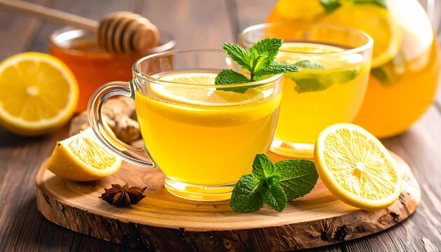 Golden herbal drinks with lemons and mint served on wooden board