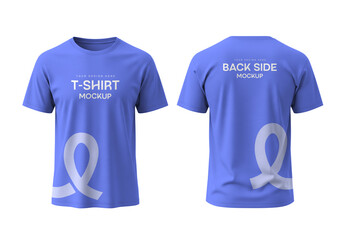 Front and Back View of Blue Crew Neck Men's T-Shirt PSD Mockup