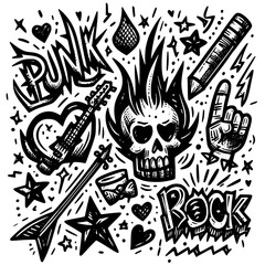Fototapeta premium Punk Rock Symbols in Motion, dynamic black-and-white illustration bursting with punk rock energy featuring a spiky-haired skull, bold “PUNK” and “ROCK” lettering, a heart-shaped guitar, and ised hand