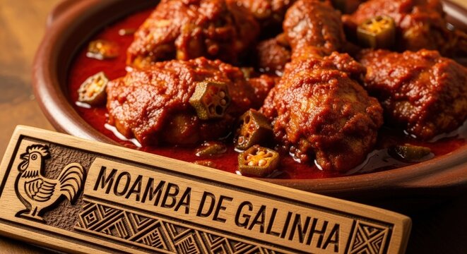 Moamba de Galinha: Vibrant Red Chicken Stew with Mufunjo Plaque and Chokwe Motifs in Warm Light