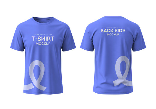 Front and Back View of Blue Crew Neck Men's T-Shirt PSD Mockup