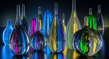 A mesmerizing collection of glass vases, each a unique shape and size, reflecting vibrant neon lights in a captivating display of modern art and design