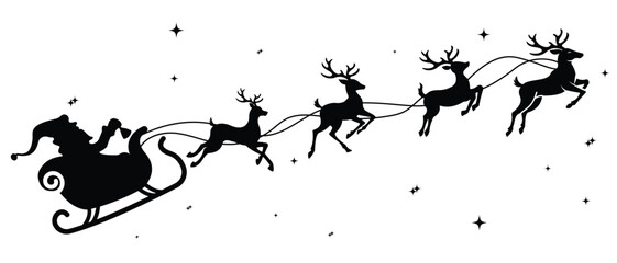 Vector Christmas element. Santa Claus on sleigh with gift bag and his reindeers. Merry Christmas decoration.