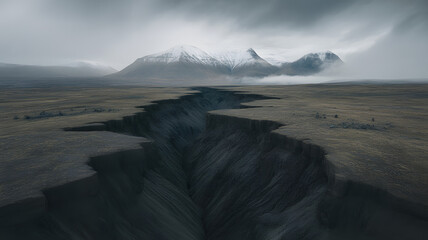 Dramatic canyon carved through desolate landscape with snow capped mountains under moody sky