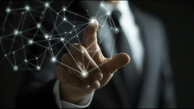 Person touching a network of connected lines representing the concept of digital interaction and modern connectivity. Business Touching Digital Network &ndash; Animated Video Version