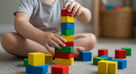 A child is playing with colorful wooden building blocks, stacking them into a tower, fostering creativity and developing fine motor skills