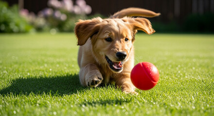 Golden retriever puppy enthusiastically chases a red ball across the lush green grass, its playful spirit shining through as it eagerly pursues the toy