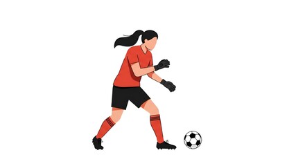 Flat design illustration of a determined female soccer player kicking a soccer ball forward.
