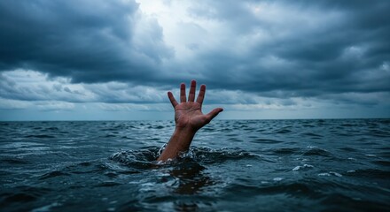 Drowning in Despair: A lone hand breaks through the surface of turbulent water beneath a stormy sky, symbolizing distress and the struggle for survival. 