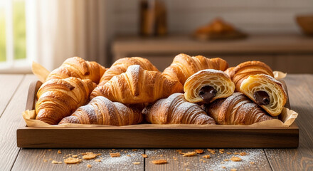 A wooden tray filled with freshly baked croissants, some dusted with powdered sugar and one revealing a chocolate filling, sits on a wooden table