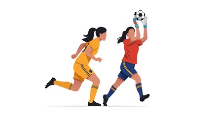 Obraz premium Two female soccer players in action, one running and another catching the ball, sporty flat design