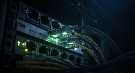 Server room connections: a close-up shot revealing the complex network of cables plugged into the server rack, bathed in an ethereal, cool glow. 