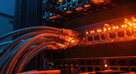 Tech Infrastructure: A detailed view into the digital heart of modern technology, showcasing a complex array of network cables connected to a server, illuminated with vibrant colors.