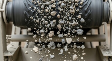 Gravel and Stones Falling from Industrial Conveyor Belt in Motion
