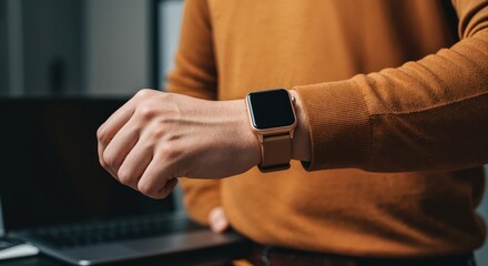 Obraz premium Wristwatch Time Check: A person's wrist is featured with a modern smartwatch, and they're looking at the screen on it, representing time monitoring, productivity.