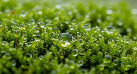 Closeup of moss with water droplets, highlighting the intricate details and textures of the plant in a natural and refreshing scene