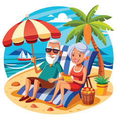 Obraz premium Elderly couple relaxing on beach summer vacation vector illustration