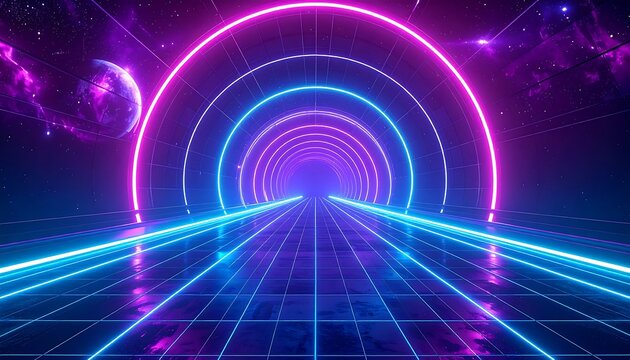 Synthwave space tunnel with glowing lights