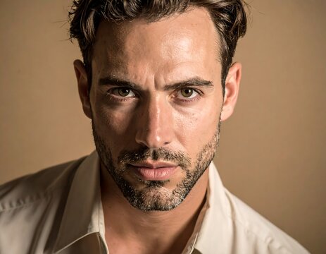 Handsome man's face with intense gaze, light shirt, and a subtle background