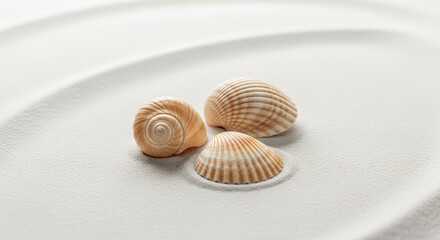 Three seashells sit peacefully on a bed of pristine white sand, their delicate forms and textures creating a serene and minimalist beach scene, isolated on white background