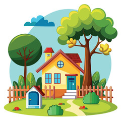 House fence tree design showing suburban neighborhood landscape Vector Illustration