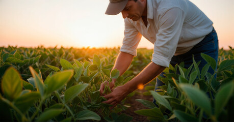 Focused farmer carefully checking soybean plant development in a field at sunset