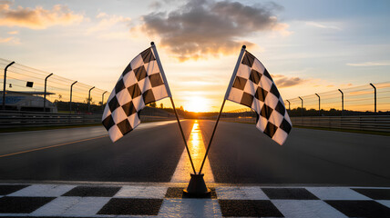 Victory awaits at the finish line as checkered flags wave in a stunning sunset glow