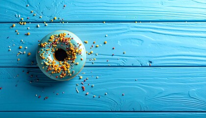Tasty doughnut with frosting and sprinkles on blue wood