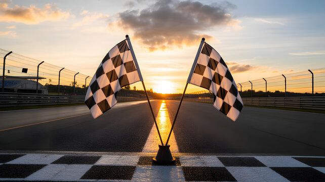 Victory awaits at the finish line as checkered flags wave in a stunning sunset glow