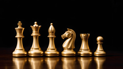 Luxury gold chess pieces lined up showcasing strategy and intellectual power for business success