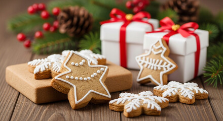 Festive christmas cookies with gifts and pine cones on wooden table, creating a cozy and joyful holiday atmosphere perfect for seasonal celebrations