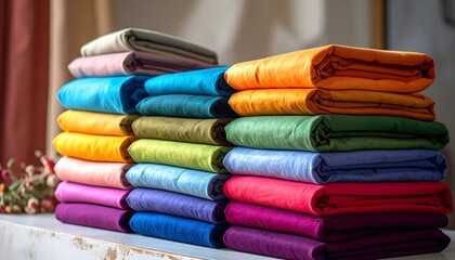 Stacked colorful, folded fabrics in varying hues, indoors