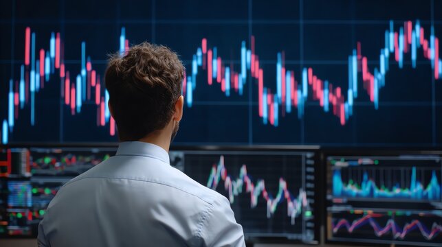 A professional trader analyzes stock market trends and charts displayed on multiple screens