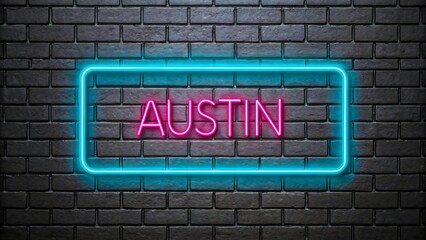 Austin neon sign in pink and blue glowing lights on brick wall background
