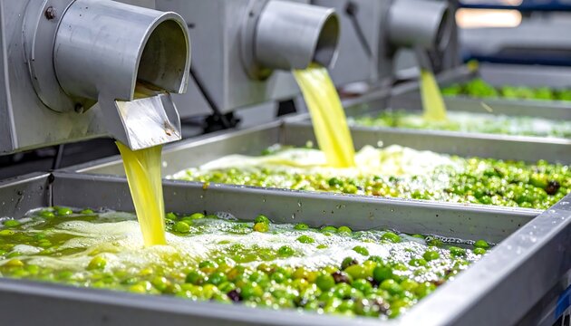 Olive oil flowing into metal troughs with green olives in the process - Powered by Adobe