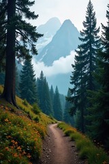 A winding, narrow mountain trail disappears into a dense, mist shrouded forest at the base of towering peaks. A narrow, winding hiking trail disappearing into a dense, atmospheric forest. Thick mist