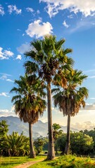 Obraz premium Three tall palm trees, bright sky, and mountains