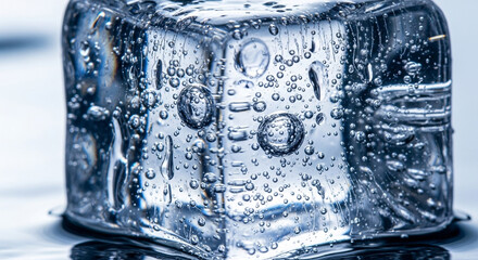 Closeup of a clear ice cube with bubbles inside, showcasing its texture and transparency, creating a refreshing and cool feeling