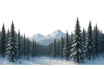 Winter mountain landscape with snow covered pine forest and distant alps, creating a serene cold nature scene