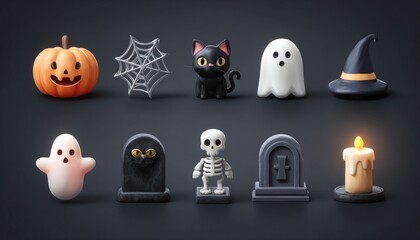 Halloween icon set in 3D style: pumpkin, spider web, ghost, black cat, skeleton, witch hat, tombstone, candle