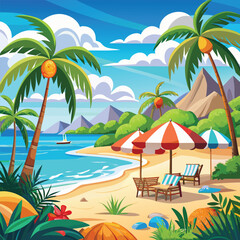 Obraz premium Tropical Summer Beach Scene Vector Illustration Of Vacation Landscape With Palms