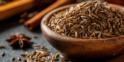 Aromatic cumin seeds arranged in rustic wooden bowl, complemented by cinnamon sticks and star anise on dark surface. Food concept