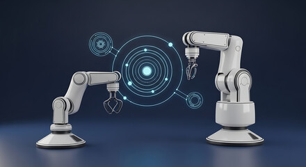 Two white robotic arms with claw attachments connected by digital interface on dark background