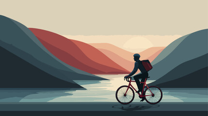 Obraz premium Cyclist delivering package through scenic landscape vector illustration