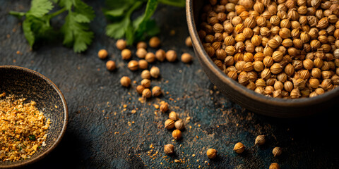 Aromatic coriander seeds presented in bowls, accompanied by fresh cilantro leaves on a textured surface. Food concept