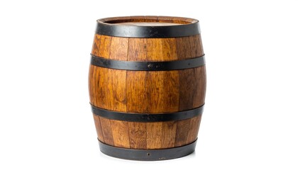 Obraz premium Wooden oak barrel with black metal hoops on white