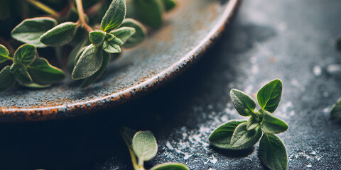 Close-up of fresh thyme sprigs arranged on a rustic plate and scattered on a dark, textured surface. Food concept