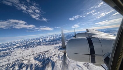 Aerial view from an airplane window of snow-capped mountains